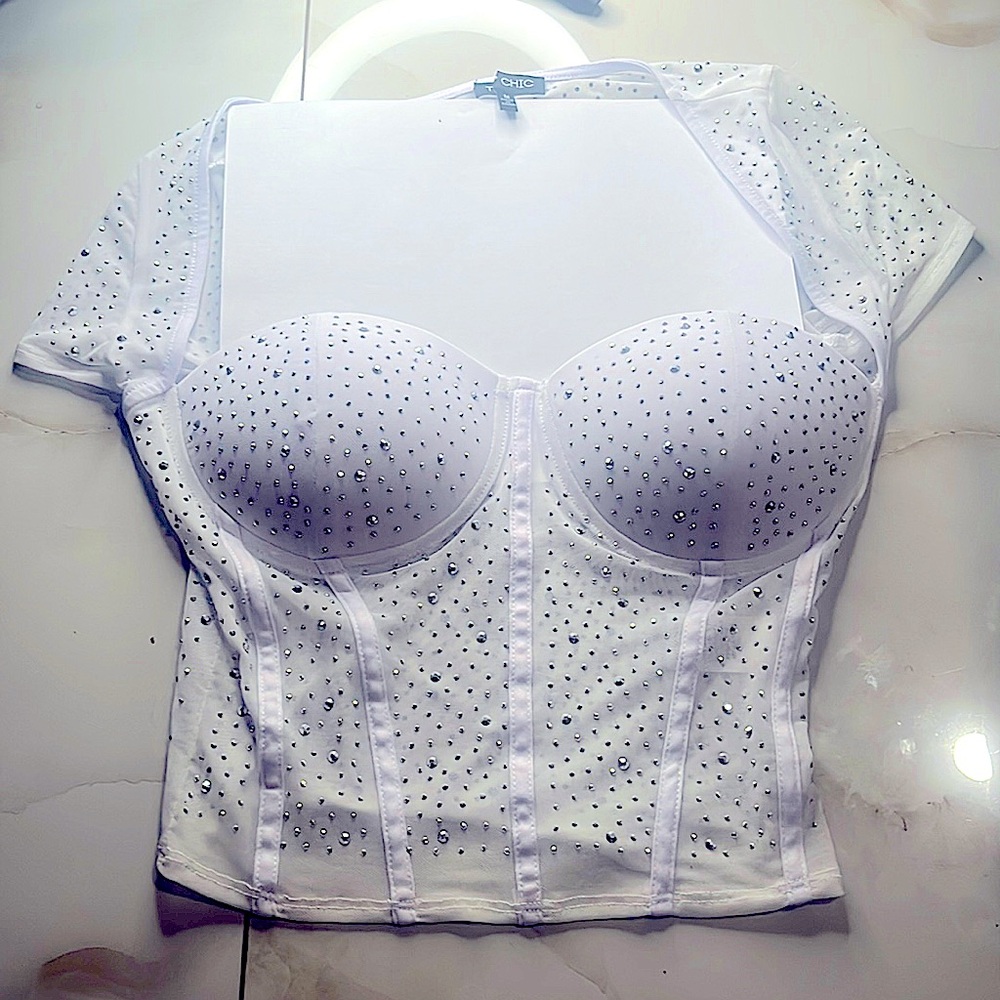 White low cut medium top with jewels everywhere